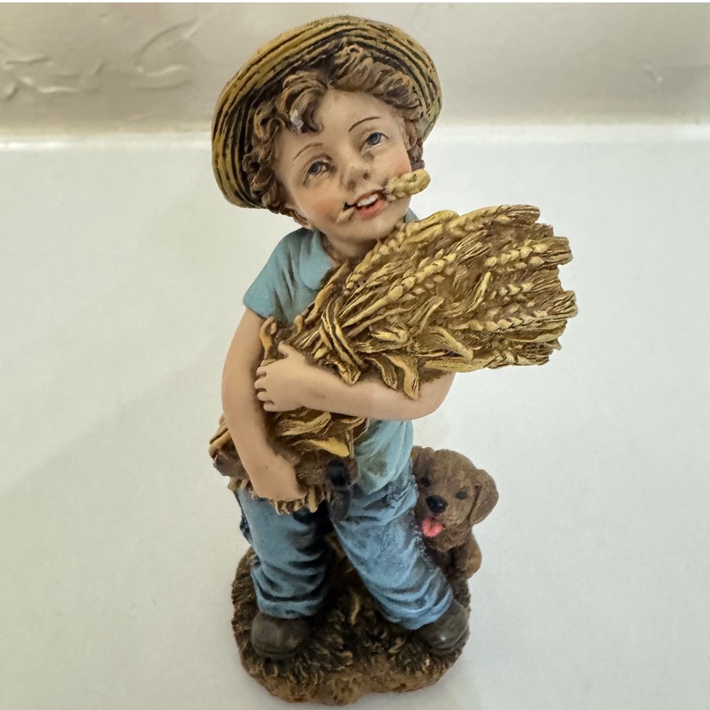 Vintage‎ Boy with Wheat Dog Figurine Farm Country Rustic ART Decor